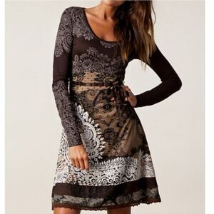 Desigual Tisdale brown floral print long sleeve dress size XL‎ women's boho lace